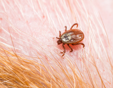 AI generated super macro close-up of a tick attached and feeding on dog skin with detailed view of mouthparts penetrating and blood feedingの素材