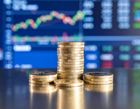 AI generated stack of euro coins on reflective glass surface with modern European trading floor backdrop showing stock market boards and financial monitorsの素材