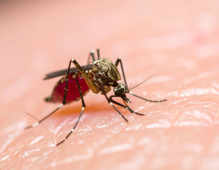 AI generated super macro close-up of a culex mosquito with distinctive pointed abdomen feeding on human blood, showing proboscis penetrating skin with blood vessel detailの素材