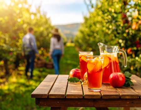 AI generated wooden table with glass pitcher of blended apple drink, sliced fresh apples and whole fruits against sunny apple orchard backdrop featuring farmers harvestingの素材
