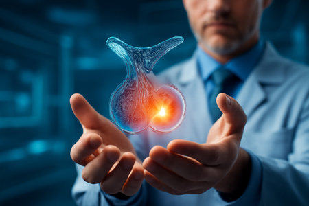 AI generated futuristic concept of a doctor holding a glowing 3D pituitary gland model. The intricate, holographic structure symbolizes medical advancements, diagnosis, and treatment.の素材