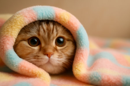 AI generated adorable Scottish Fold cat peeking out from cozy pastel blanket. Soft lighting highlights its big eyes and small nose. Peaceful and comforting atmosphere, perfect for capturing warmthの素材