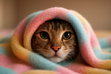 AI generated A cute Ocicat peeks from a cozy pastel blanket with its eyes and nose visible. Soft lighting and a warm, playful atmosphere create an adorable and tranquil mood.の素材