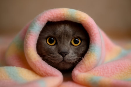 AI generated cute Korat cat peeking from a cozy pastel blanket with bright golden eyes. The soft lighting and gentle pastel hues create a playful, warm, and comforting vibe, perfect for evokingの素材