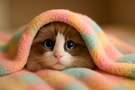 AI generated image of a cute Ragdoll kitten peeking out from a pastel blanket with big blue eyes. The soft lighting and fuzzy texture create an adorable and cozy mood, perfect for conveying warmthの素材