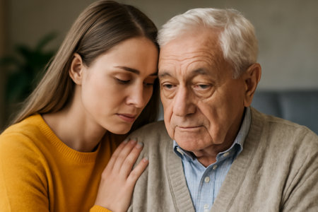 AI generated a tender moment capturing a young woman offering comfort to an elderly man. This intimate scene evokes feelings of care, love, and family support. The image radiates between generations.の素材