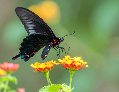 AI generated rare Chimaera Birdwing butterfly with fully expanded iridescent wings perched on a tropical flower in colorful meadow under soft morning sunlightの素材