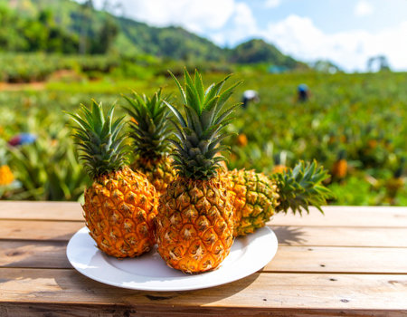 AI generated A rustic wooden table overflowing with fresh pineapples including halved fruits and sliced pieces on white plate Background shows pineapple plantation farmers harvesting farming conceptsの素材