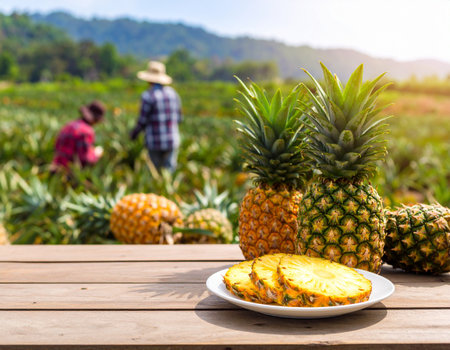 AI generated A rustic wooden table overflowing with fresh pineapples including halved fruits and sliced pieces on white plate Background shows pineapple plantation farmers harvesting farming conceptsの素材