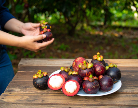AI generated A rustic wooden table overflowing with fresh mangosteens including halved fruits and peeled white segments on a white plate shows mangosteen orchard farmers harvesting agricultureの素材