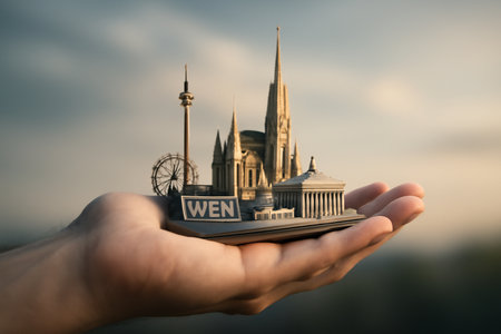 AI generated close-up of a human hand gently cradling a detailed 3D model of Vienna Austria featuring iconic landmarks like St. Stephen Cathedral the Riesenrad. The scene evokes warmth and eleganceの素材