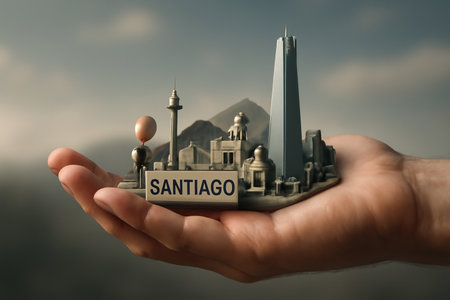 AI generated hyper-realistic image showcasing a human hand delicately holding a miniature 3D model of Santiago, Chile. The cityscape features iconic landmarks with atmospheric effects, modern lightingの素材
