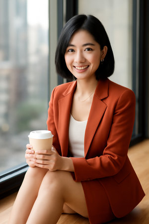 AI generated image of a young Asian woman with short bob hair holding a coffee cup by a large window. She smiles warmly while sitting gracefully on the wooden floor, illuminated by soft natural light.の素材