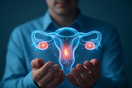 AI generated image of a man holding a glowing 3D transparent model of human ovaries with intricate anatomical details, symbolizing advanced medical technology and diagnostic power.の素材