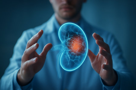 AI generated image of a doctor interacting with a glowing 3D hologram of a human spleen, symbolizing medical precision and advanced technology in diagnostics. Blue and orange lightingの素材