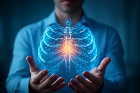 AI generated image of a glowing 3D ribcage held by a medical professional, showcasing advanced anatomical details and diagnostic power in a futuristic setting. A vibrant, glowing focus the medicalの素材