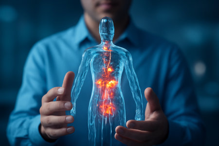 AI generated image of a man holding a glowing 3D holographic model of the human endocrine system. Vibrant red-orange highlights on the model represent inflammation or healing processesの素材