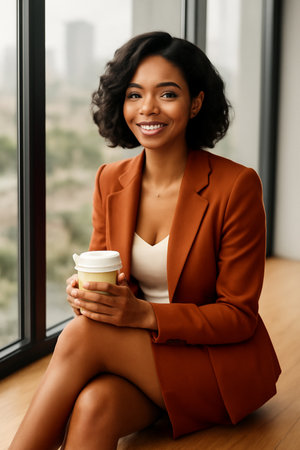 AI generated portrait of a confident young African woman with short wavy hair smiling while holding a coffee cup in a chic office setting. She radiates positivity, grace, and modern eleganceの素材