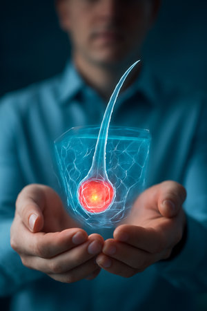 AI generated image showcasing a futuristic 3D hologram of a sweat gland and hair follicle held by a male figure. The glowing red-orange core contrasts with cool blue tones symbolizing scientificの素材