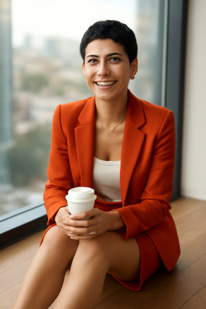 AI generated image of a young Middle Eastern woman smiling and enjoying coffee by a large window. The natural light illuminates her face, highlighting her warm skin tone. The cityscape backdropの素材