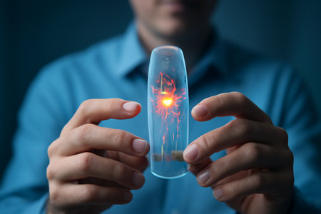 AI generated image of a medical professional holding a 3D glowing hologram of a human finger. The model showcases anatomical details like bones, blood vessels, and a translucent nailの素材