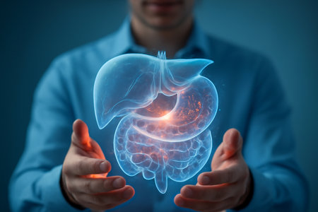 AI generated image showing a male medical professional holding a glowing 3D model of the human digestive system. The transparent hologram highlights the stomach liver and intestinesの素材