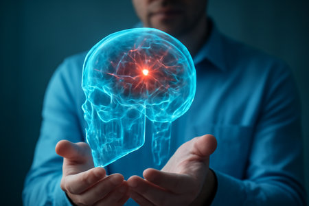 AI generated image of a person holding a 3D glowing transparent skull with intricate anatomical details. The holographic model displays vibrant red-orange light spots, symbolizing inflammationの素材