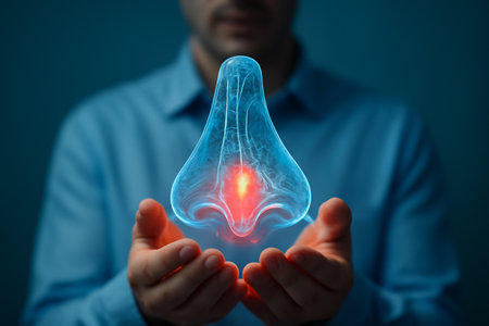 AI generated futuristic medical concept with a glowing 3D nose model. Focused on precision anatomy and healing, highlighting the intricate details of the nasal cavity and medical diagnosis.の素材