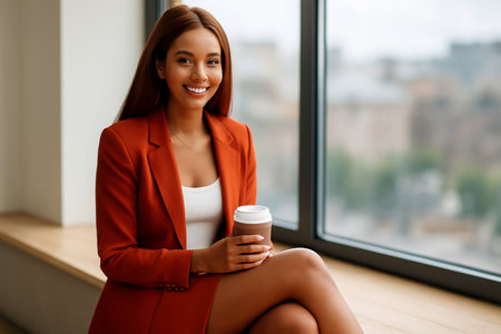 AI generated image of an elegant young African woman with long auburn hair smiling while holding a coffee cup in a modern office setting. Soft natural light illuminates herの素材