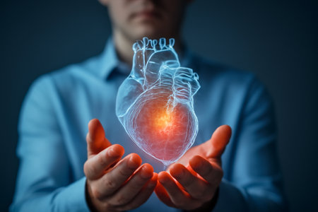 AI generated image showcasing a man holding a 3D holographic model of a glowing human heart. The translucent heart illuminates in red-orange, symbolizing medical technology and healing.の素材