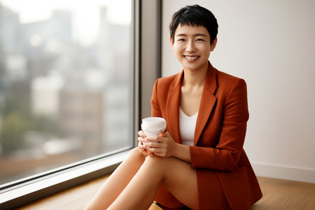 AI generated image of a young Asian woman with short black hair, sitting gracefully by a window with a disposable coffee cup. She smiles in a relaxed, confident manner, wearing a warm-toned blazerの素材