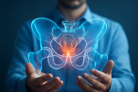 AI generated image of a futuristic medical concept with a glowing 3D holographic pelvis model. The model highlights anatomical precision diagnostic power, with glowing red-orange points inflammationの素材
