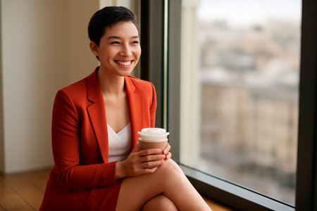 AI generated image of a young European woman with short black hair, sitting gracefully by a window, holding a coffee cup, and smiling. Natural light highlights her chic style and warm expressionの素材
