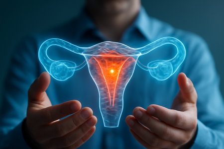 AI generated close-up of a man holding a glowing 3D model of fallopian tubes. The holographic structure is detailed with vibrant red-orange highlights and intricate blood vesselsの素材