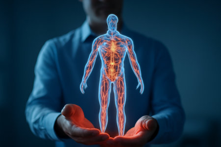 AI generated image of a glowing 3D muscular system held by a medical professional. The anatomical details vibrant colors represent cutting-edge healthcare technology, showcasing advanced diagnosticsの素材