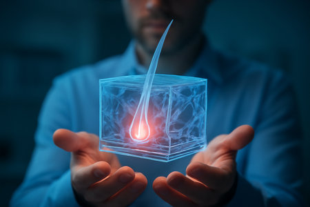 AI generated image of a medical professional holding a 3D holographic skin model with glowing blood vessels, sweat glands, and hair follicles. A futuristic concept showcasing precisionの素材