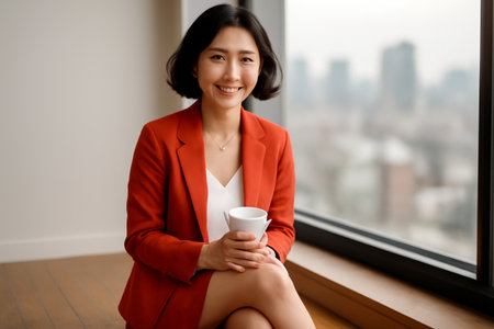 AI generated portrait of a young East Asian woman with a radiant smile, holding a coffee cup, seated by a window in a stylish blazer and skirt. Natural light highlights her joyful expressionの素材