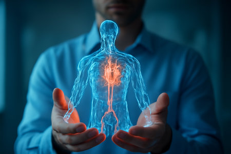 AI generated image of a man holding a glowing 3D circulatory system model. The design focuses on medical precision, anatomical detail, and diagnostic power. The glowing veins and arteries technologyの素材