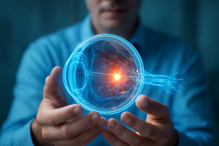 AI generated 3D holographic model of an eye and optic nerve held by a medical professional. The glowing transparent design highlights the anatomy and energy of diagnostics, symbolizing healthcare.の素材