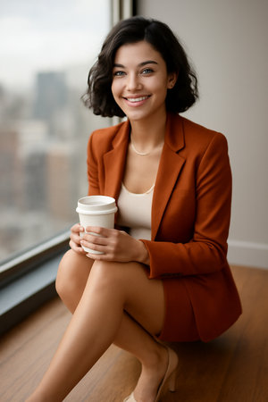 AI generated image of a young Latina woman in a burnt-orange blazer, sipping coffee by a large window with a city view. Natural light creates a soft, inviting atmosphere, capturing her warm smileの素材