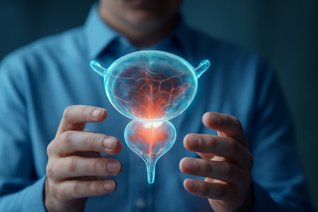 AI generated image showing a futuristic 3D holographic prostate gland model held by a doctor with glowing blood vessels and inflammation highlights. Clean, modern medical science concept.の素材
