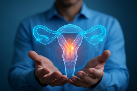 AI generated image of a man holding a glowing 3D hologram of a uterus. The glowing red area highlights inflammation or treatment. It symbolizes advanced medical technology and anatomical precision.の素材
