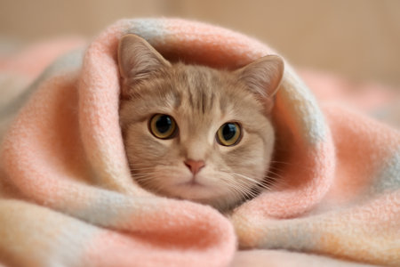 AI generated image of an Australian Mist cat peeking out from a cozy pastel blanket with a soft focus background. The warm colors and playful expression evoke a sense of comfort and joy.の素材