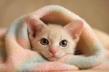 AI generated A close-up of an Elf Cat peeking out from a soft pastel blanket with large expressive eyes and cream-colored fur. The image evokes a playful and cozy atmosphere, capturing warmth, comfortの素材