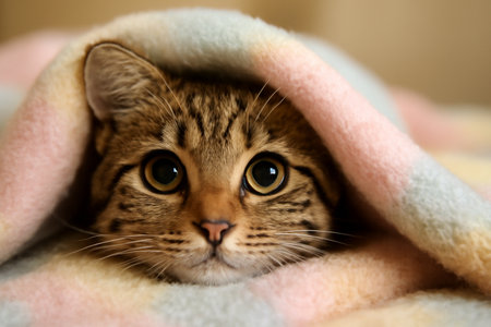 AI generated image of an African Blackfoot cat peeking from a pastel-colored blanket, its amber eyes capturing attention with a soft, cozy, and playful vibe. The soft lightingの素材