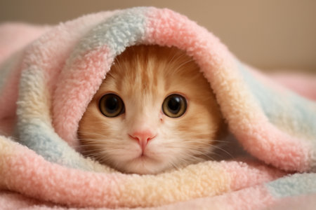 AI generated image of a cute cat peeking from a soft pastel blanket. The cat eyes and nose are visible, creating an adorable and warm scene. Perfect for conveying a playful, cozyの素材