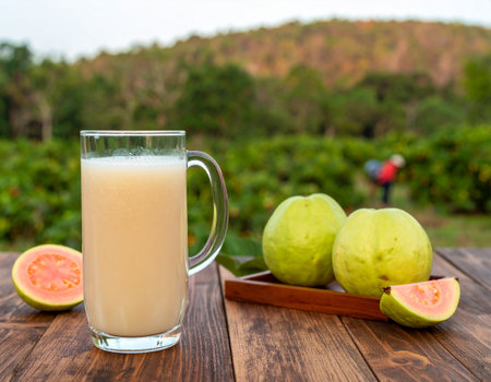 AI generated Chilled guava juice in glass pitcher with fresh guavas and slices on rustic table Tropical guava orchard background with farmers harvesting Perfect vitamin C drinks healthy refreshmentsの素材