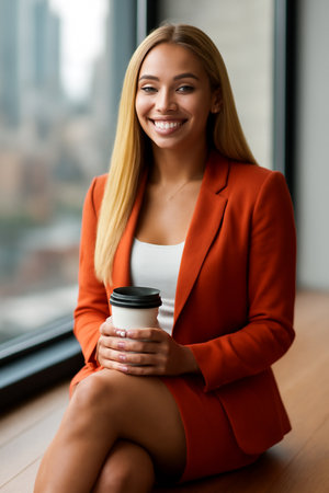 AI generated portrait of a confident young woman in an orange blazer, sitting gracefully by a window, enjoying her coffee. A vibrant cityscape evoking a sense of serenity and focus.の素材