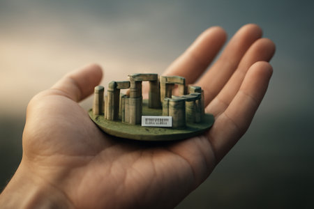 AI generated image of a human hand delicately holding a detailed miniature of Stonehenge. The serene scene features soft lighting, atmospheric depth, and a minimalist aestheticの素材