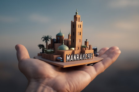 AI generated close-up of a human hand gently holding a 3D model of Marrakech with detailed landmarks. A warm glow highlights the architectural beauty and intricate design againstの素材